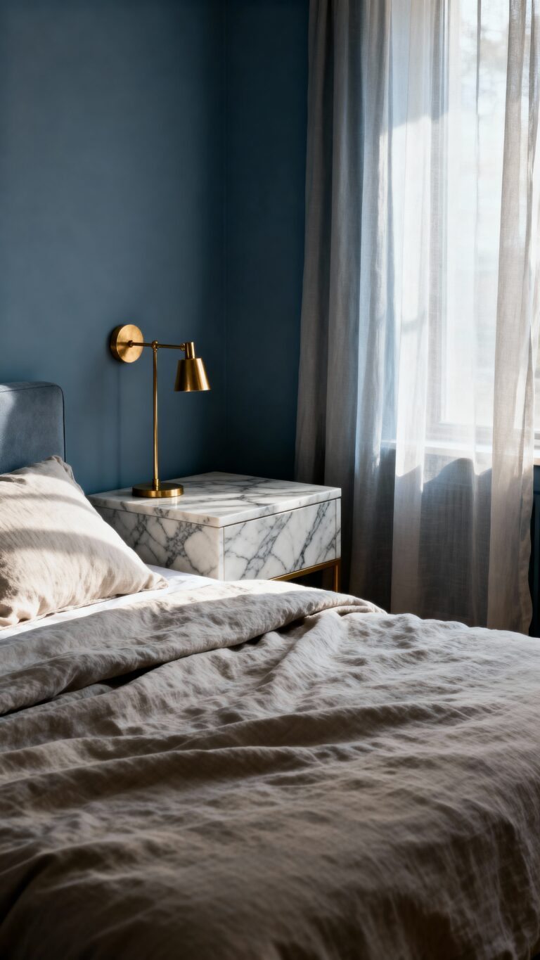 soft modern blue hued bedroom inspiration