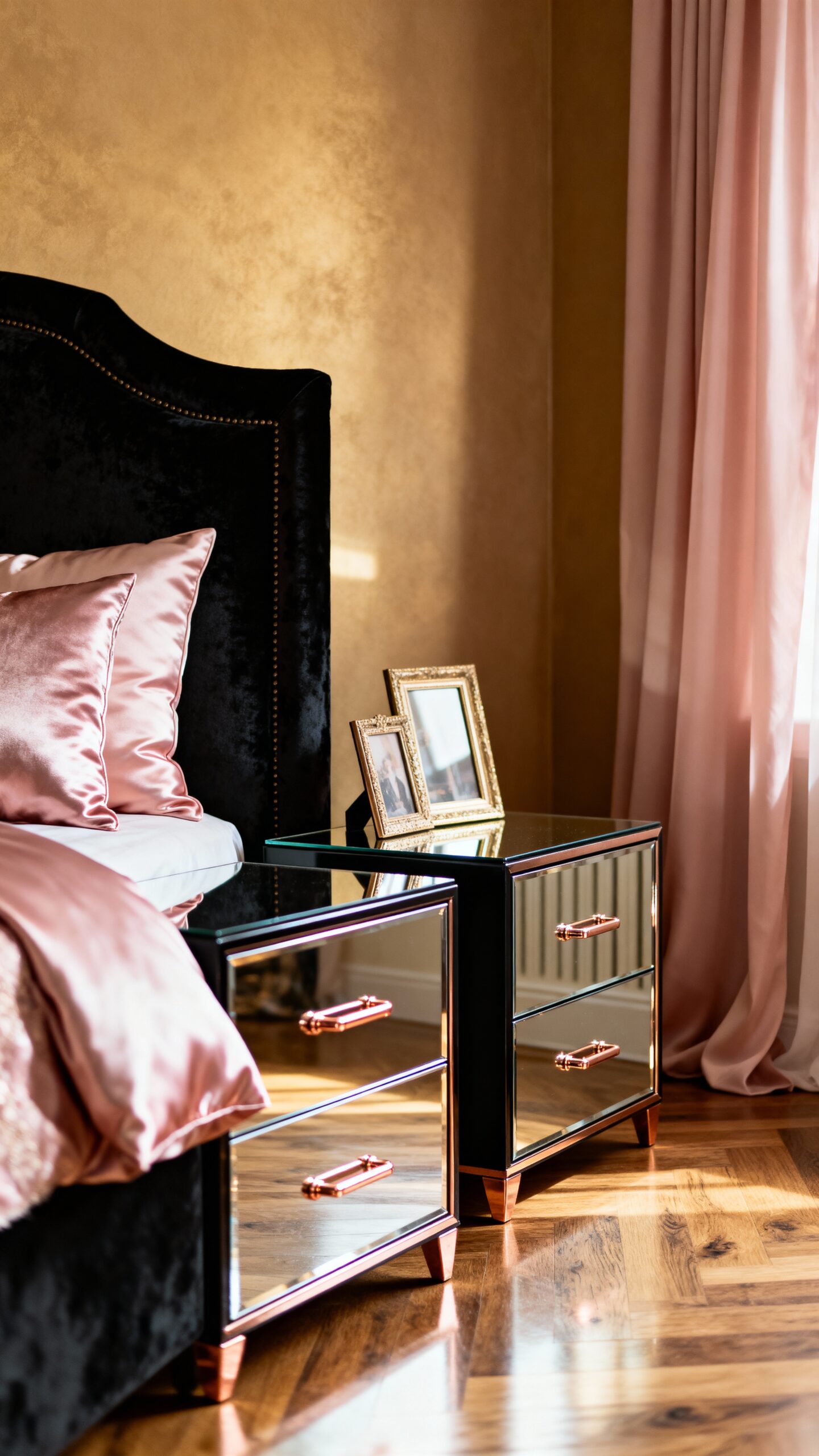 sophisticated black and millennial pink bedroom