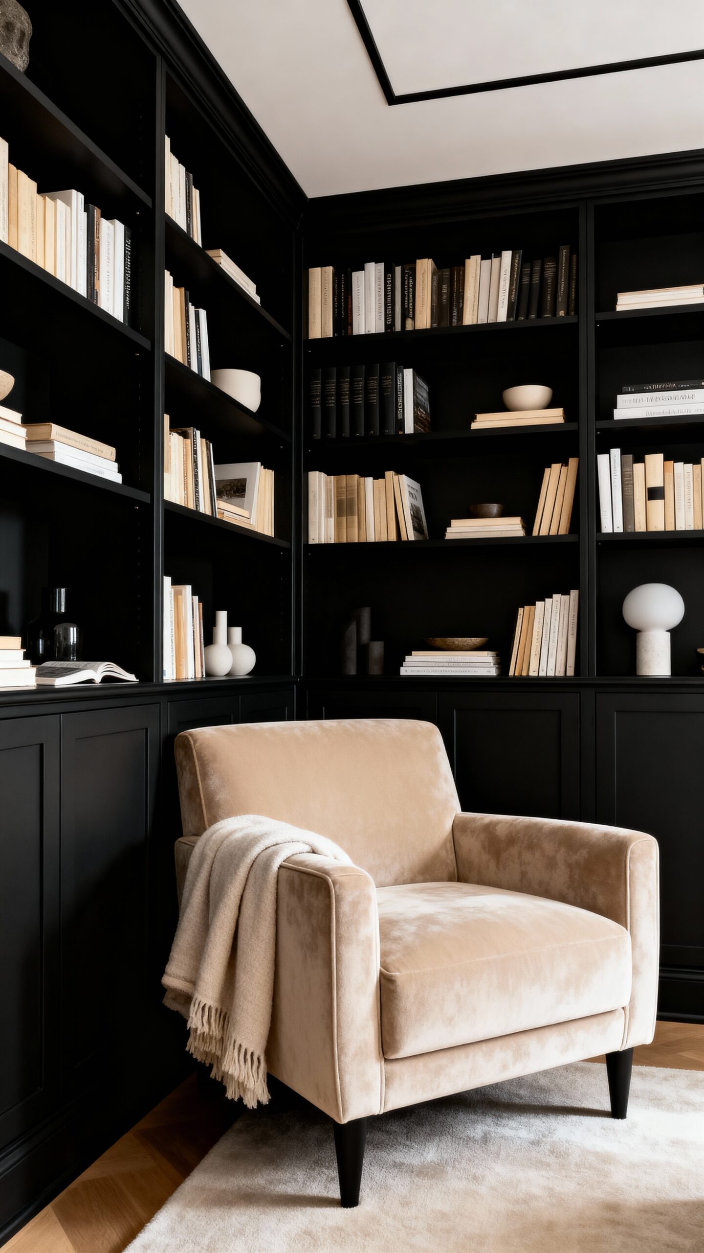 sophisticated black built in reading retreat