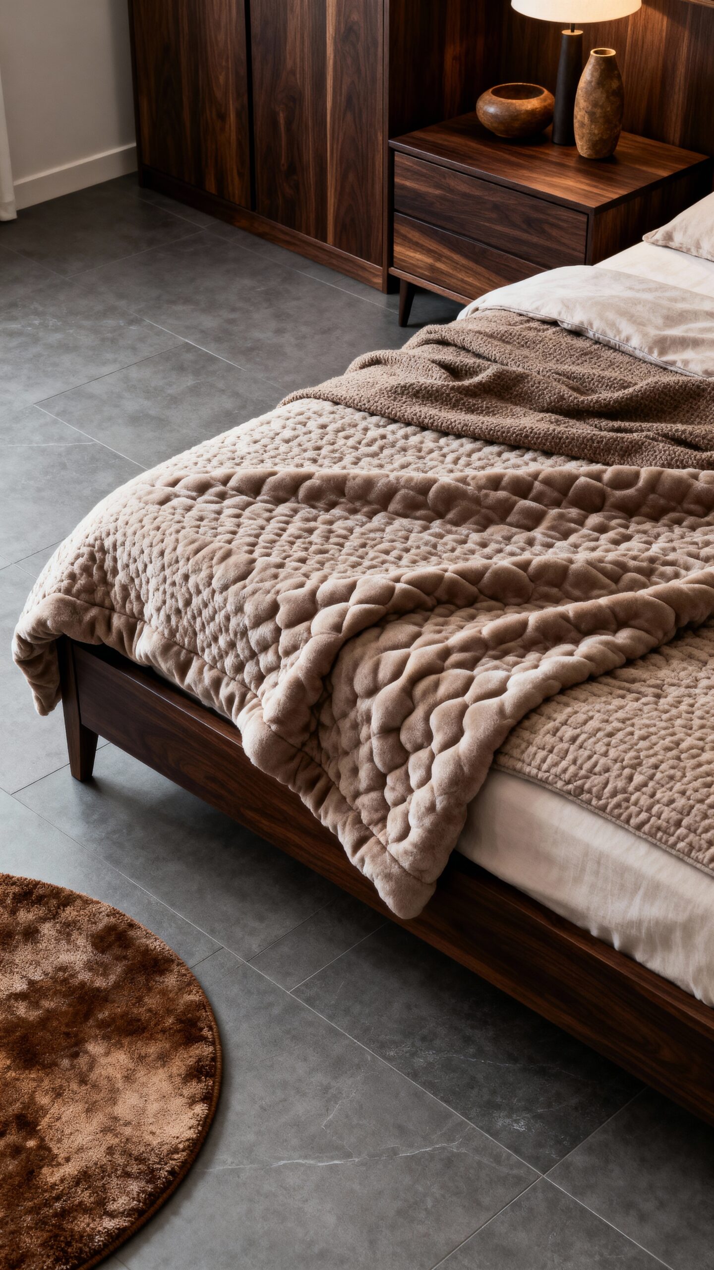 sophisticated charcoal anchored chestnut complementary bedroom