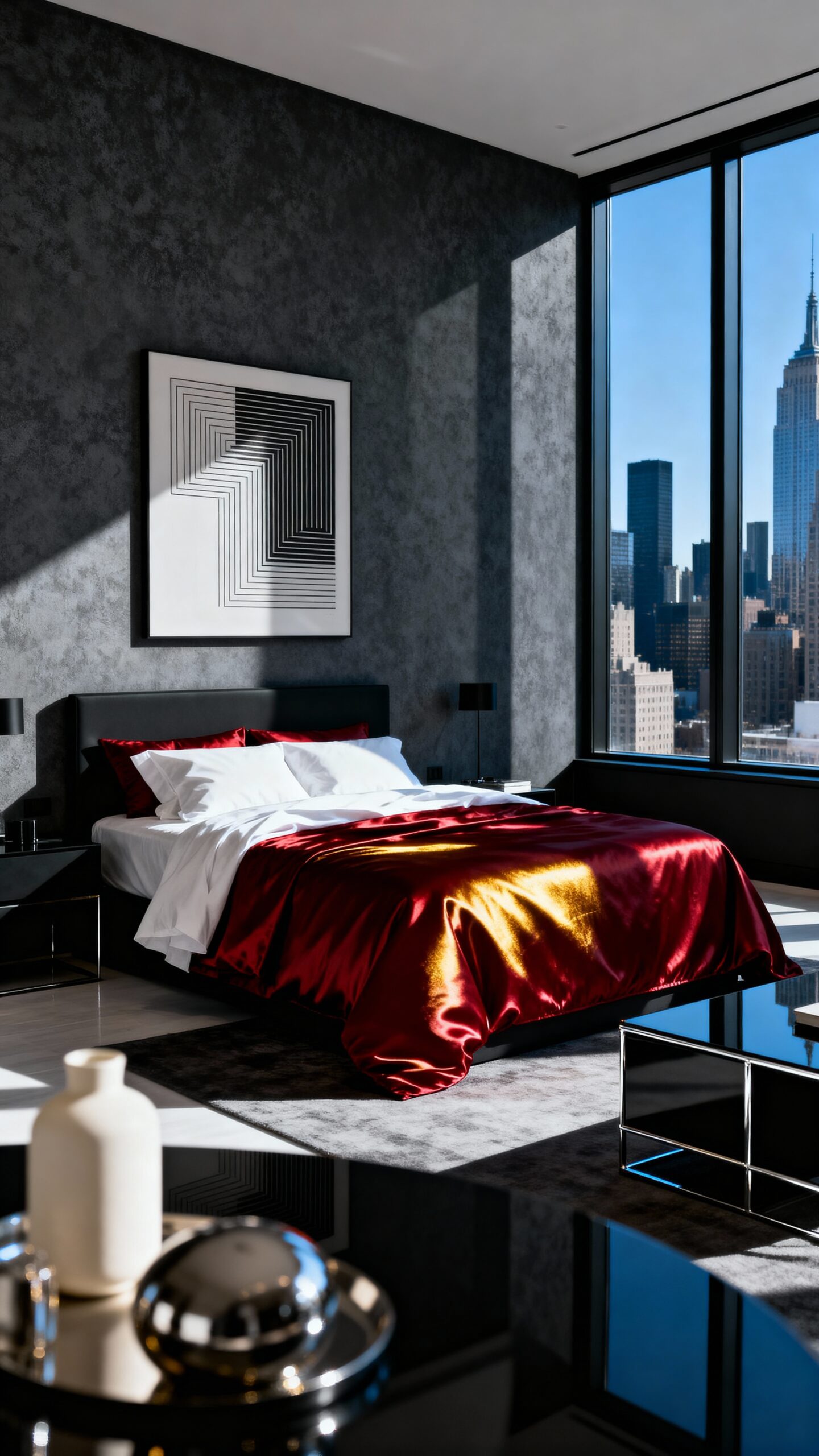 sophisticated charcoal and crimson bedroom design