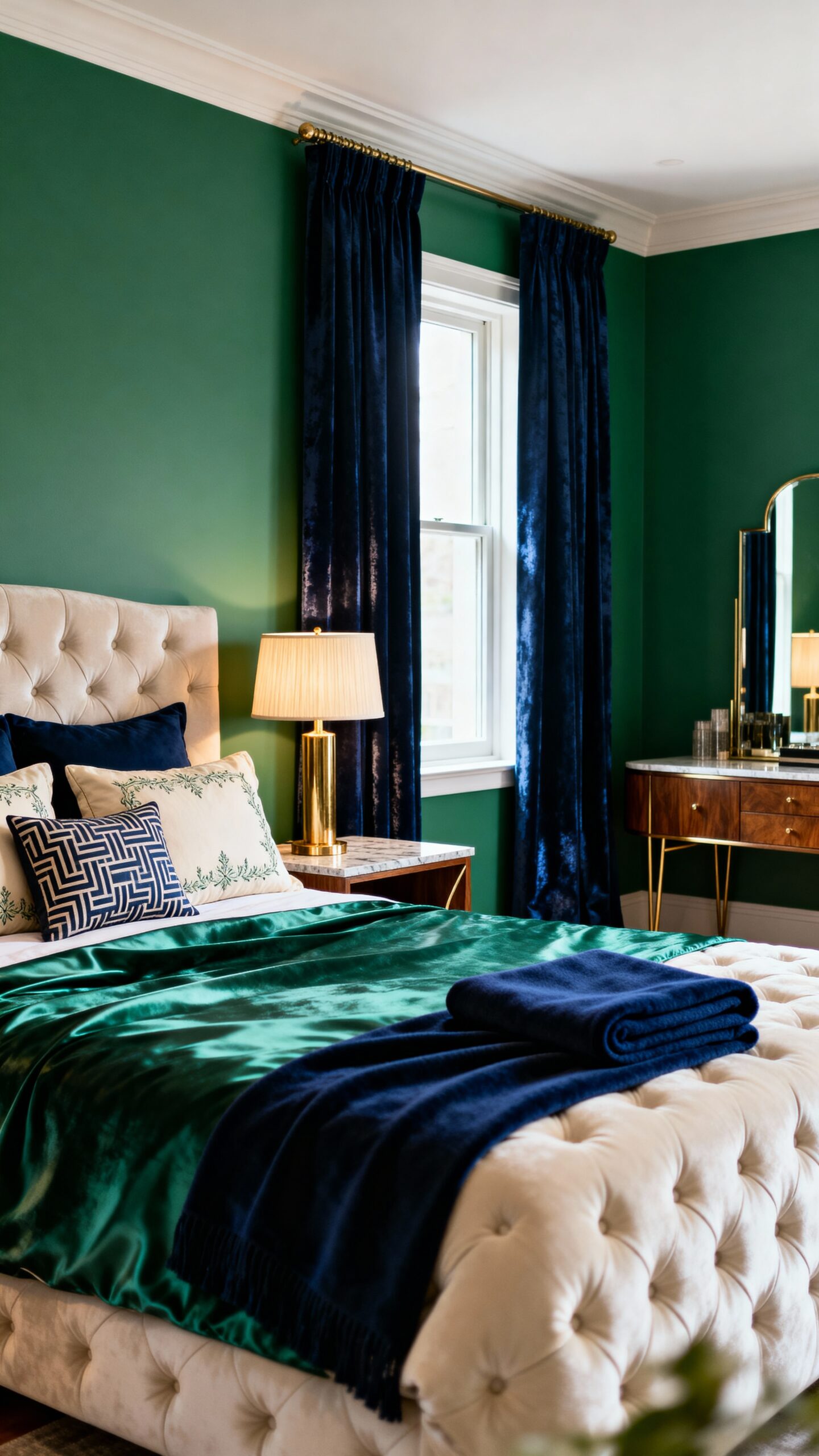 sophisticated emerald and navy bedroom decor