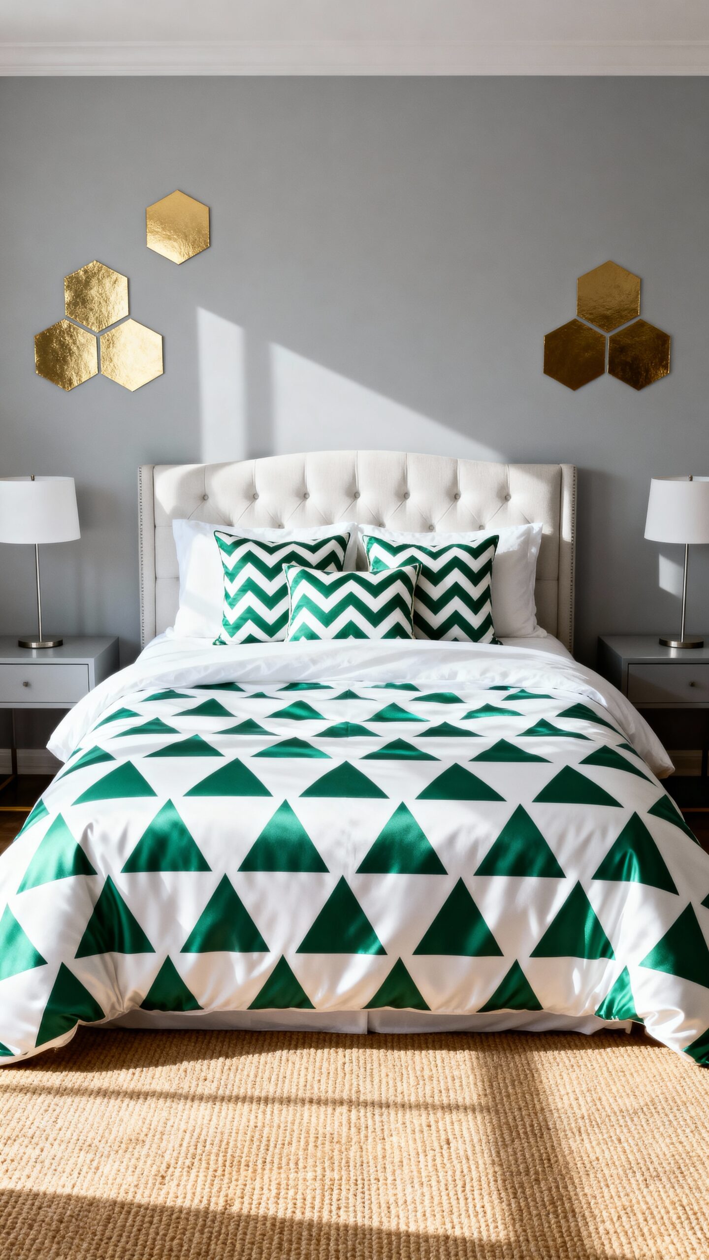 sophisticated geometric green white decor