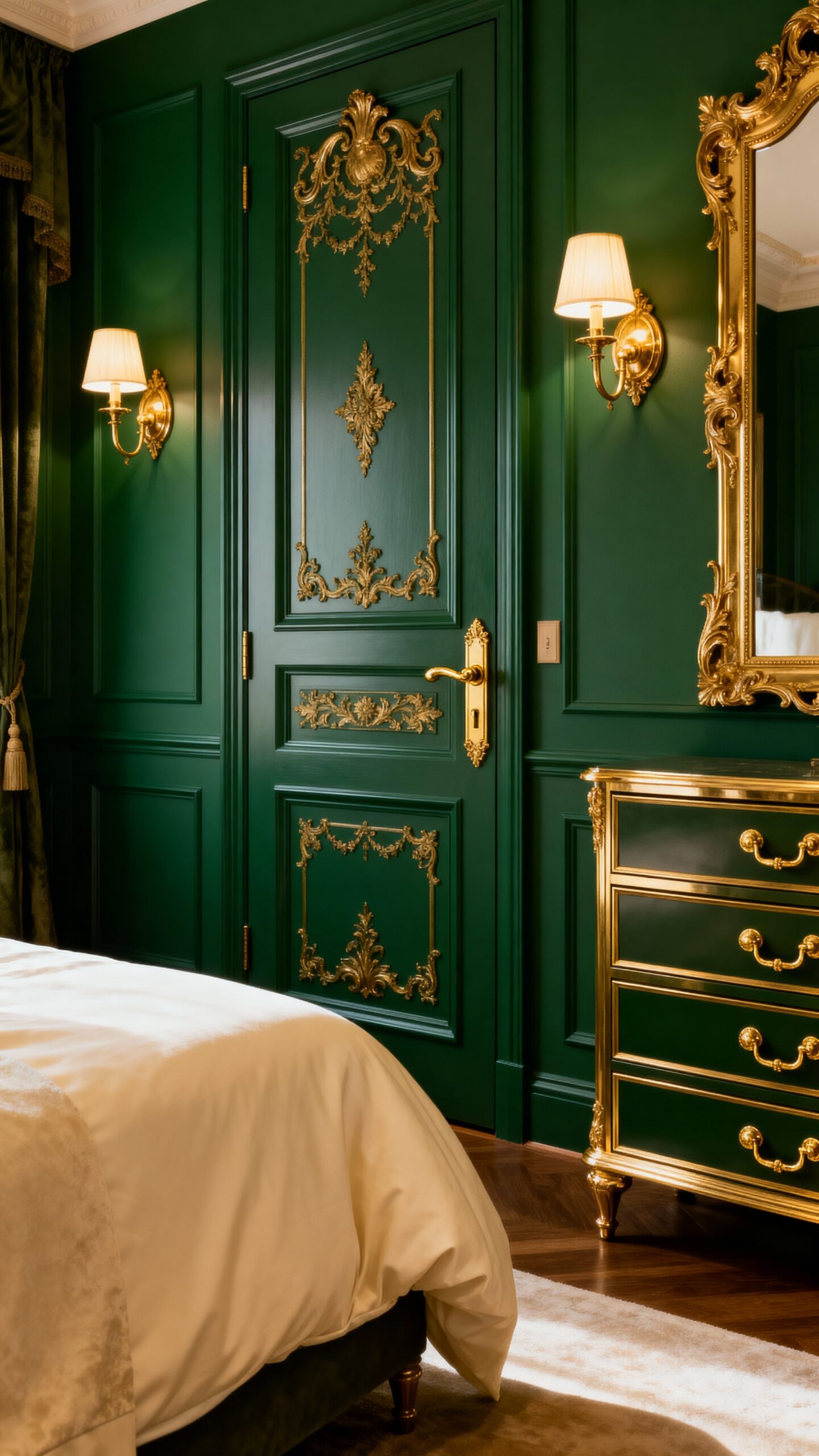 sophisticated luxurious hunter green bedroom