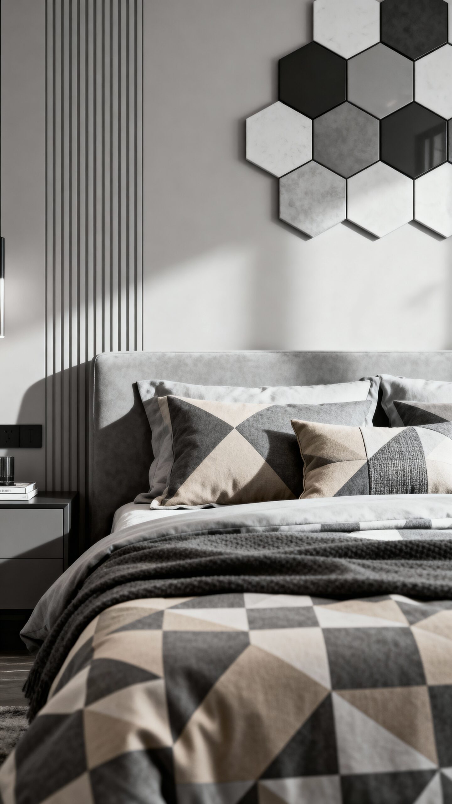 sophisticated monochromatic geometric bedroom decor