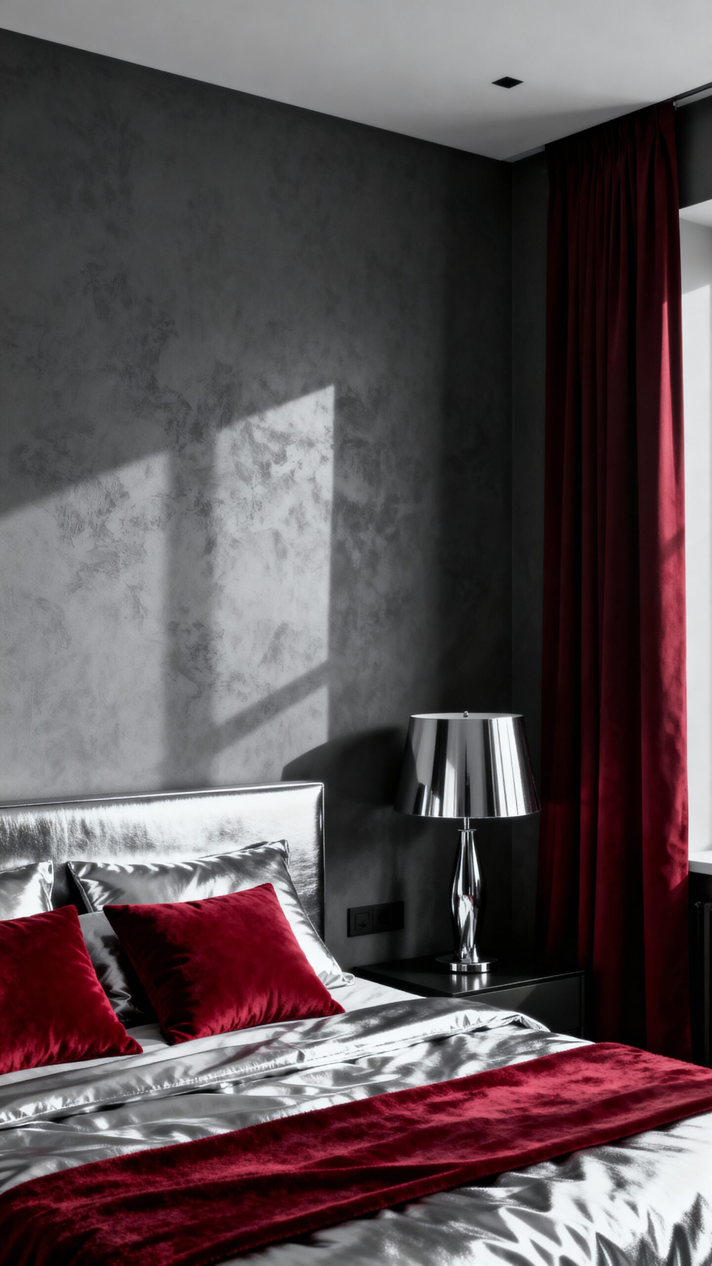 sophisticated monochromatic grey bedroom with ruby red