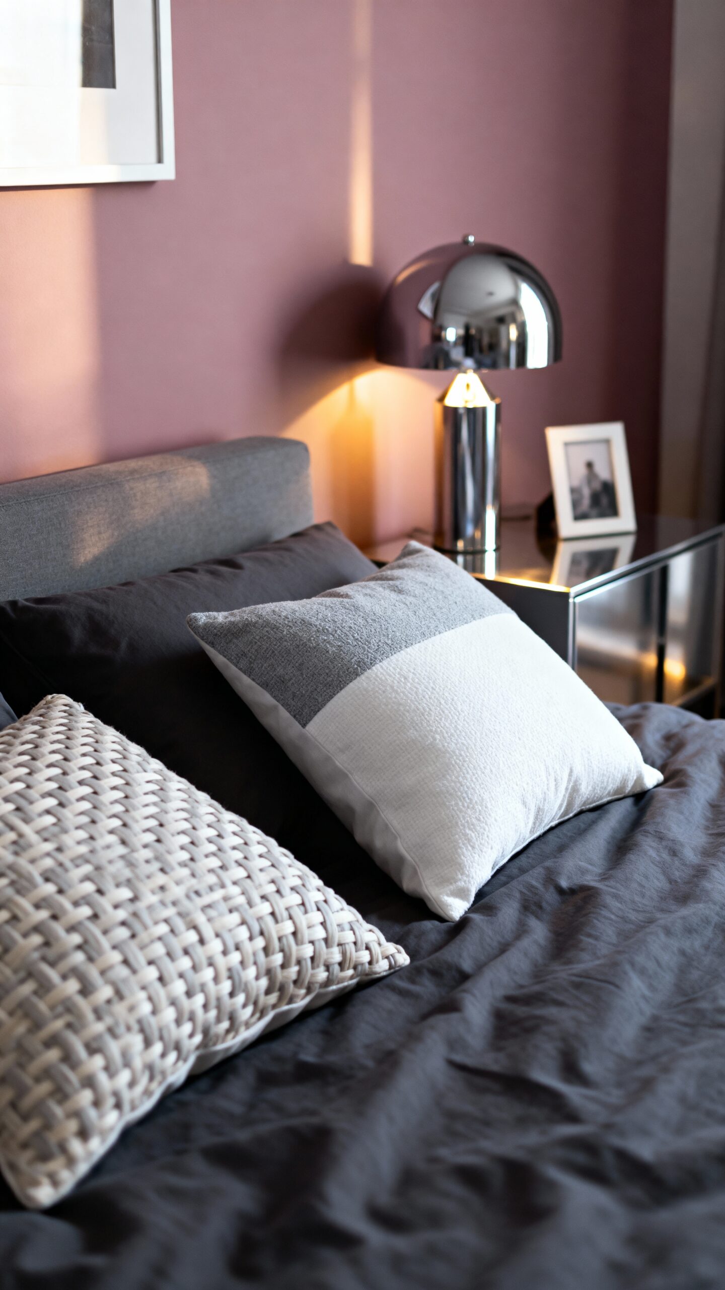 sophisticated monochromatic pink gray bedroom scheme