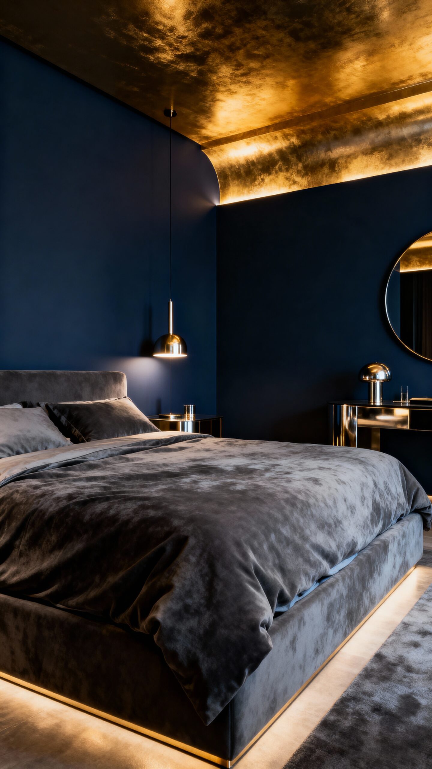 sophisticated navy and charcoal bedroom retreat