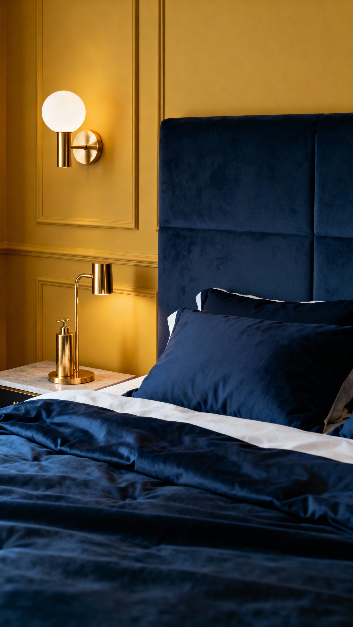 sophisticated navy and mustard bedroom palette