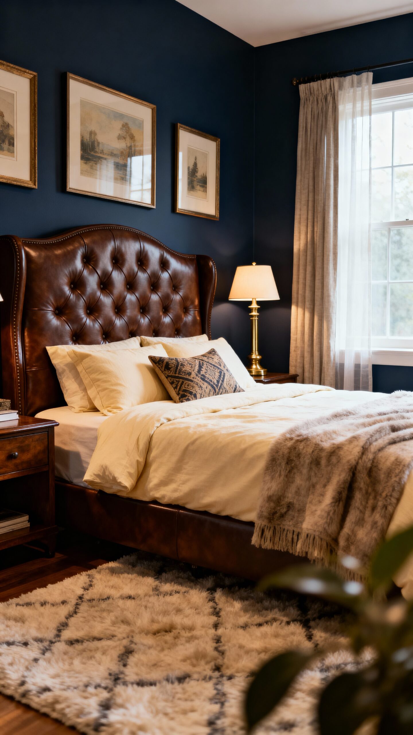 sophisticated navy blue and brown bedroom