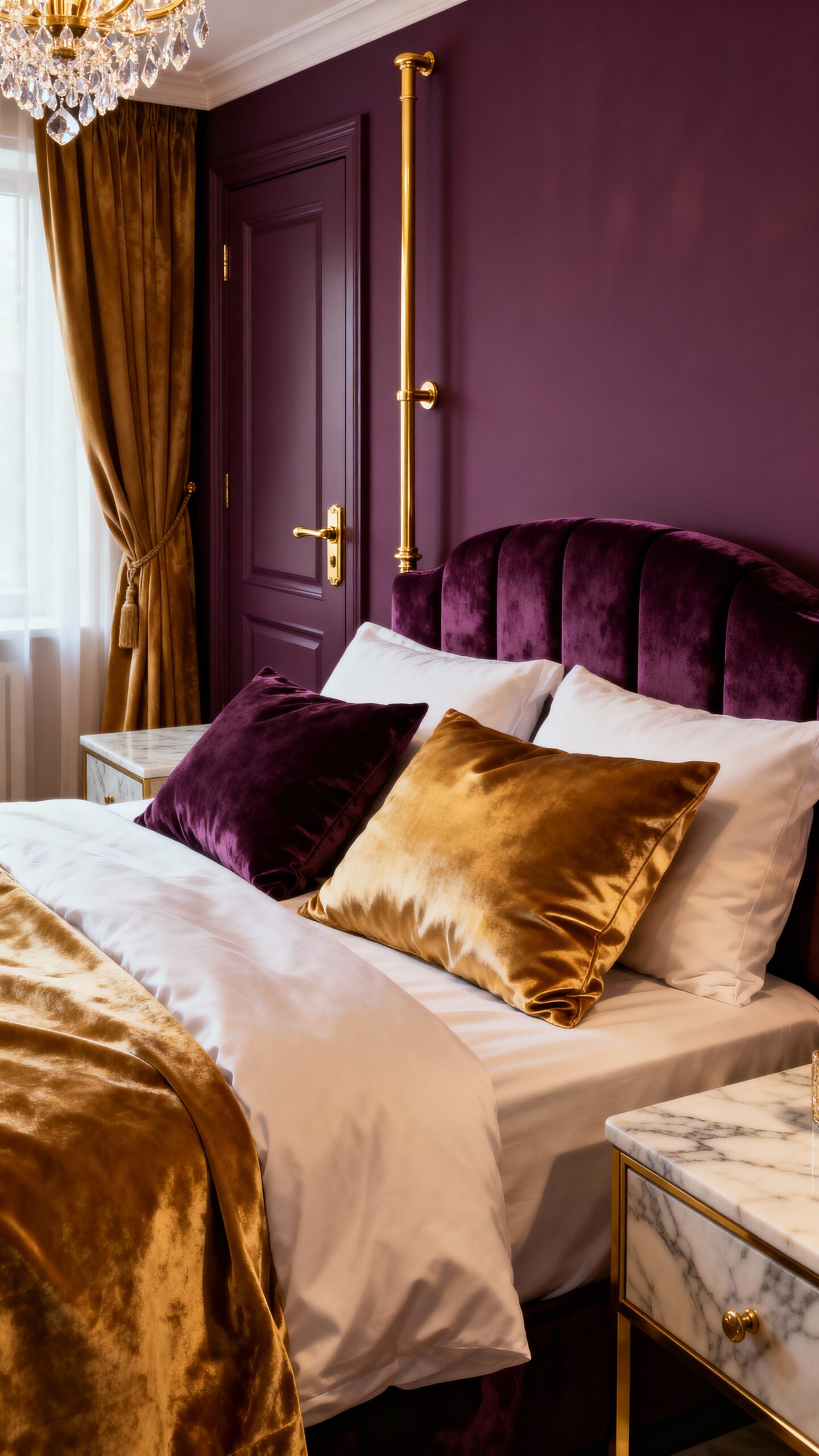 sophisticated plum and gold bedroom