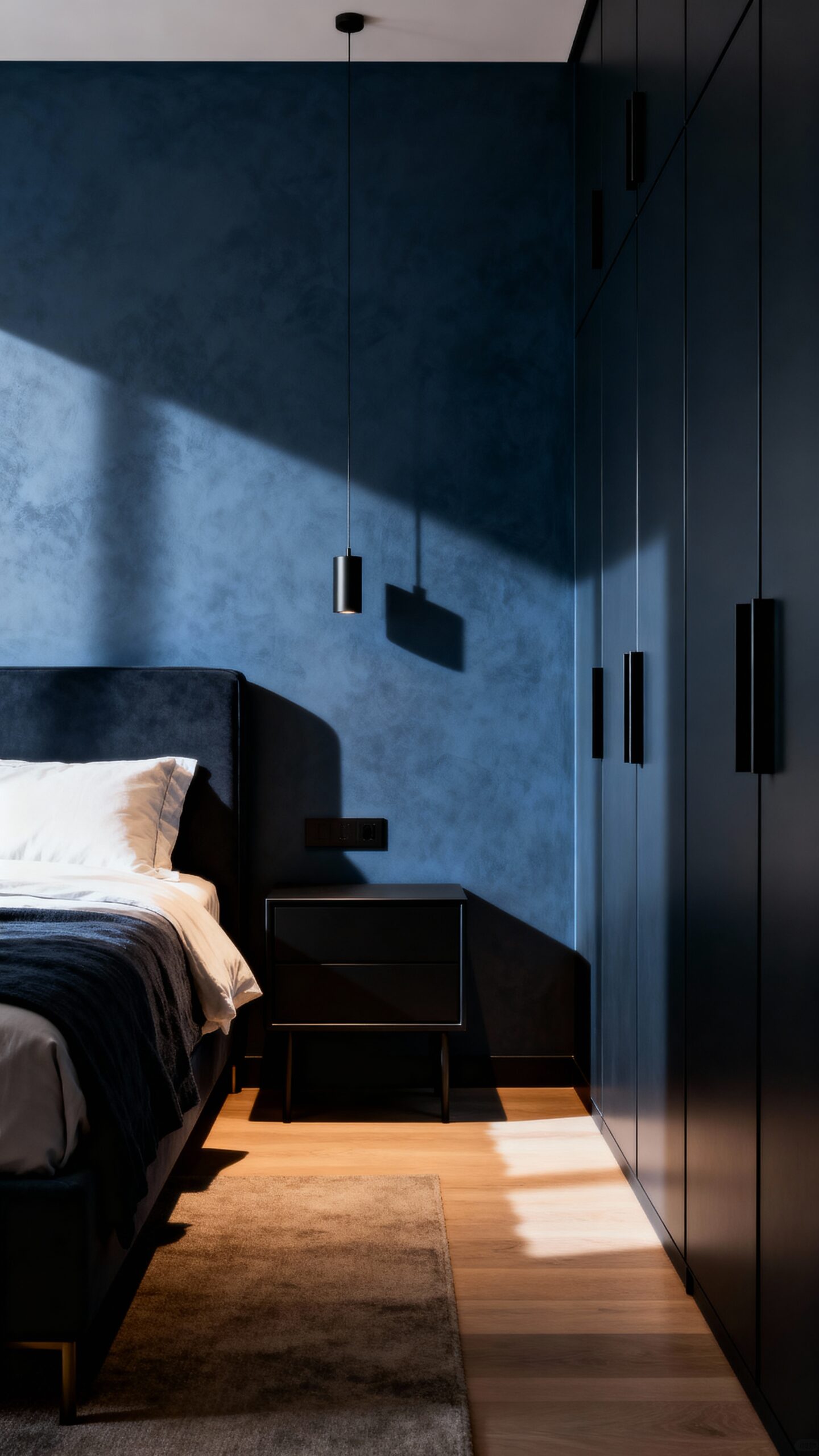 sophisticated slate blue bedroom retreat