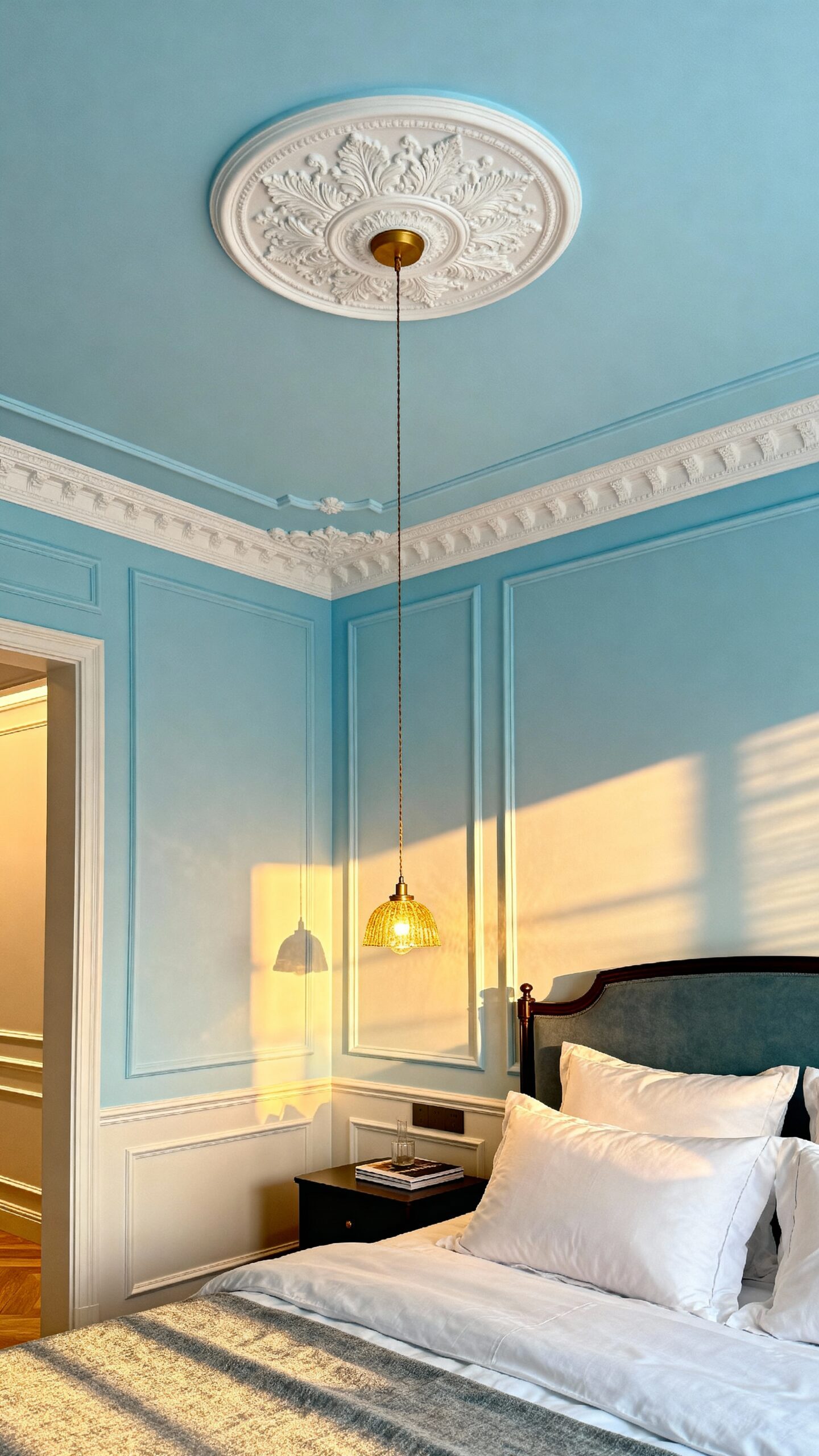 subtle blue ceiling accents uplift space