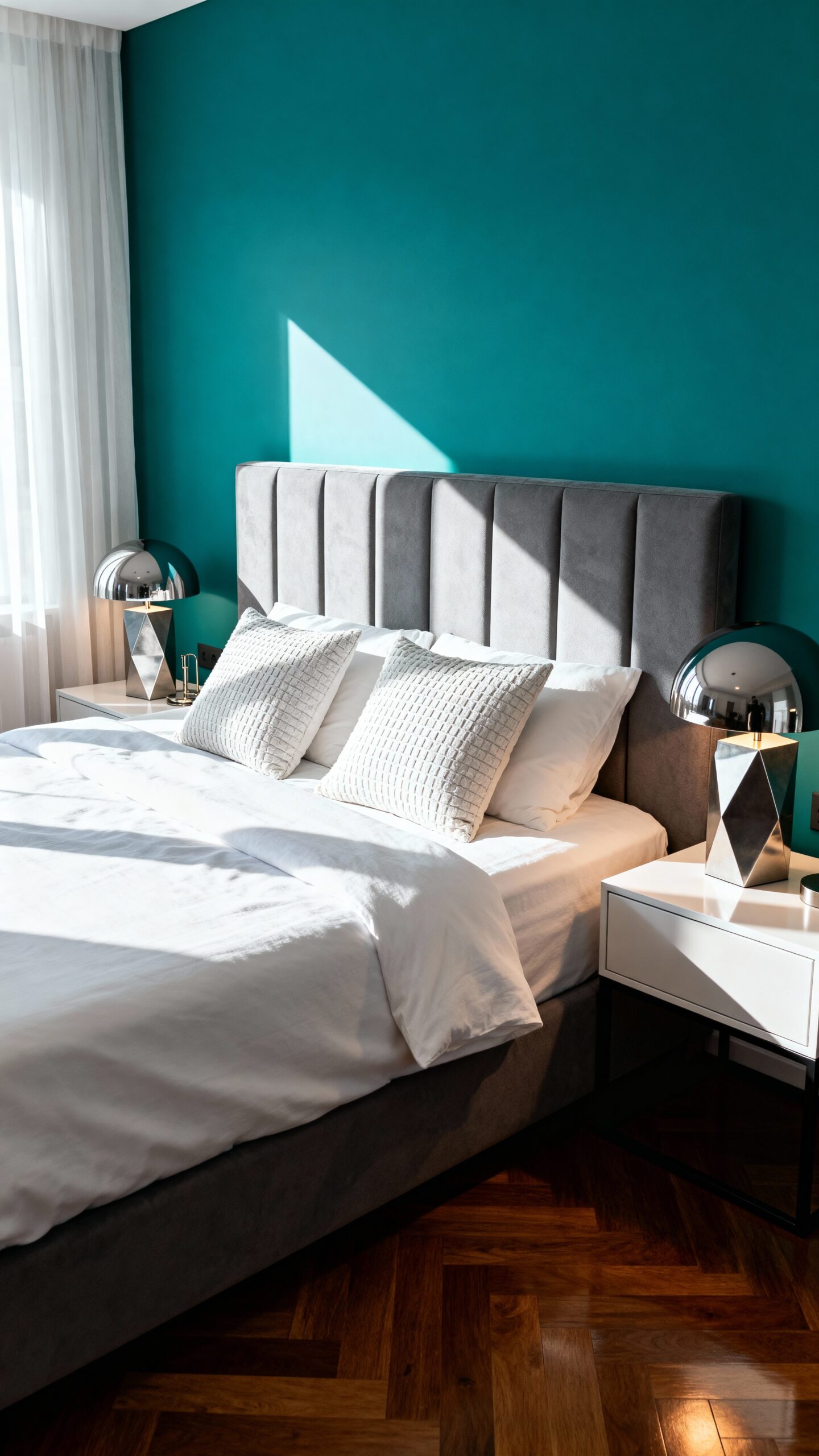 teal feature wall headboard visual impact