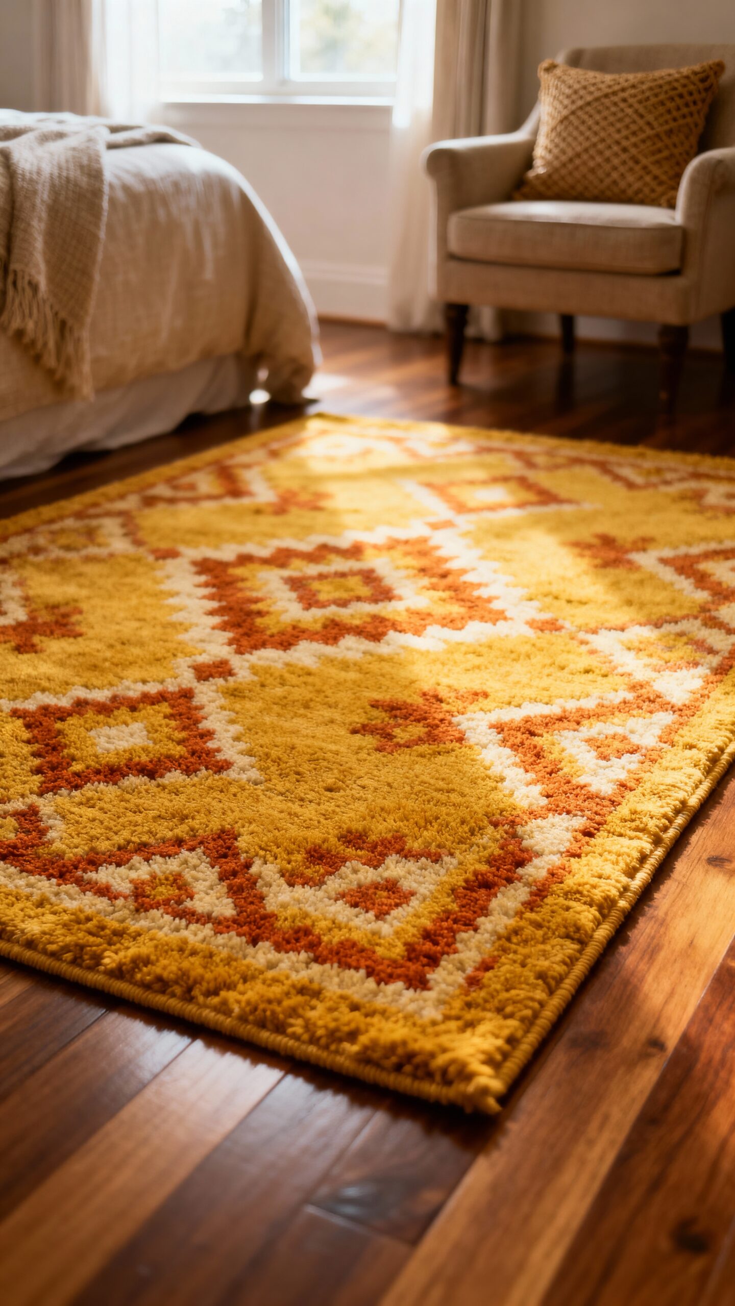 texture anchored by mustard yellow rug
