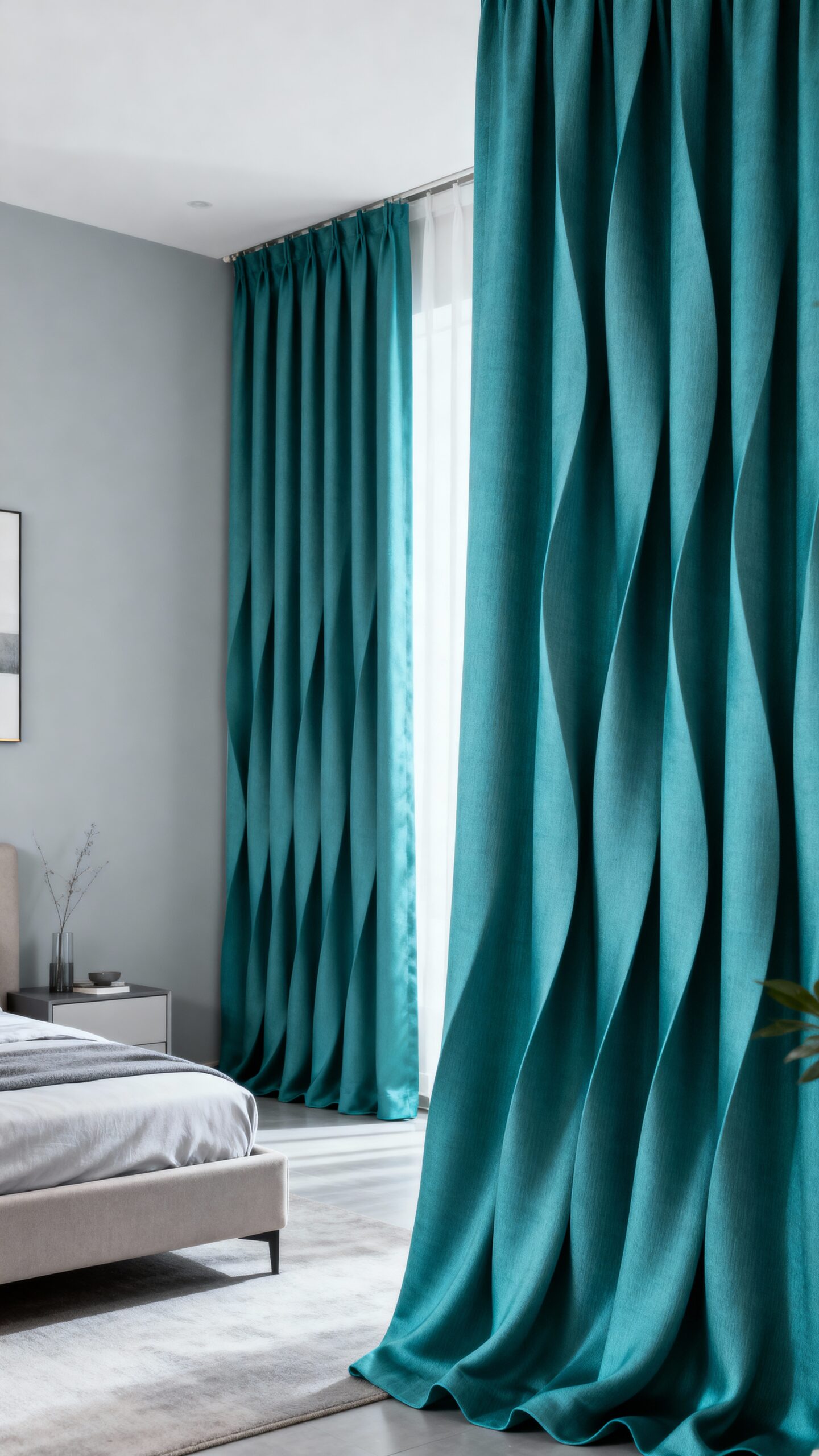 tranquil teal curtain grey wall retreat