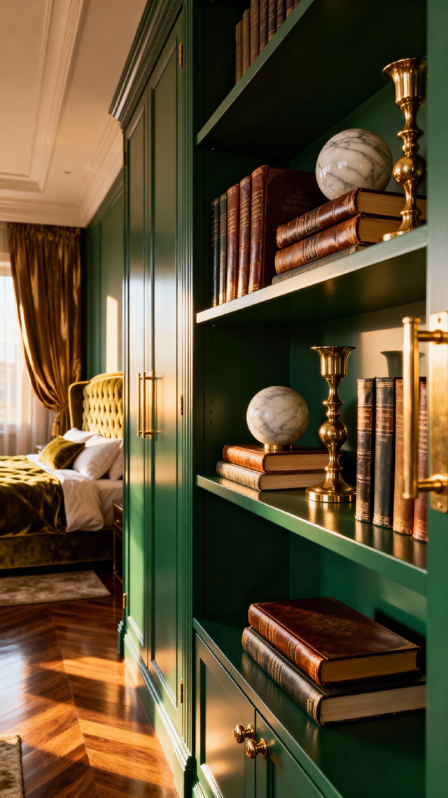 transformative emerald green built in bedroom storage
