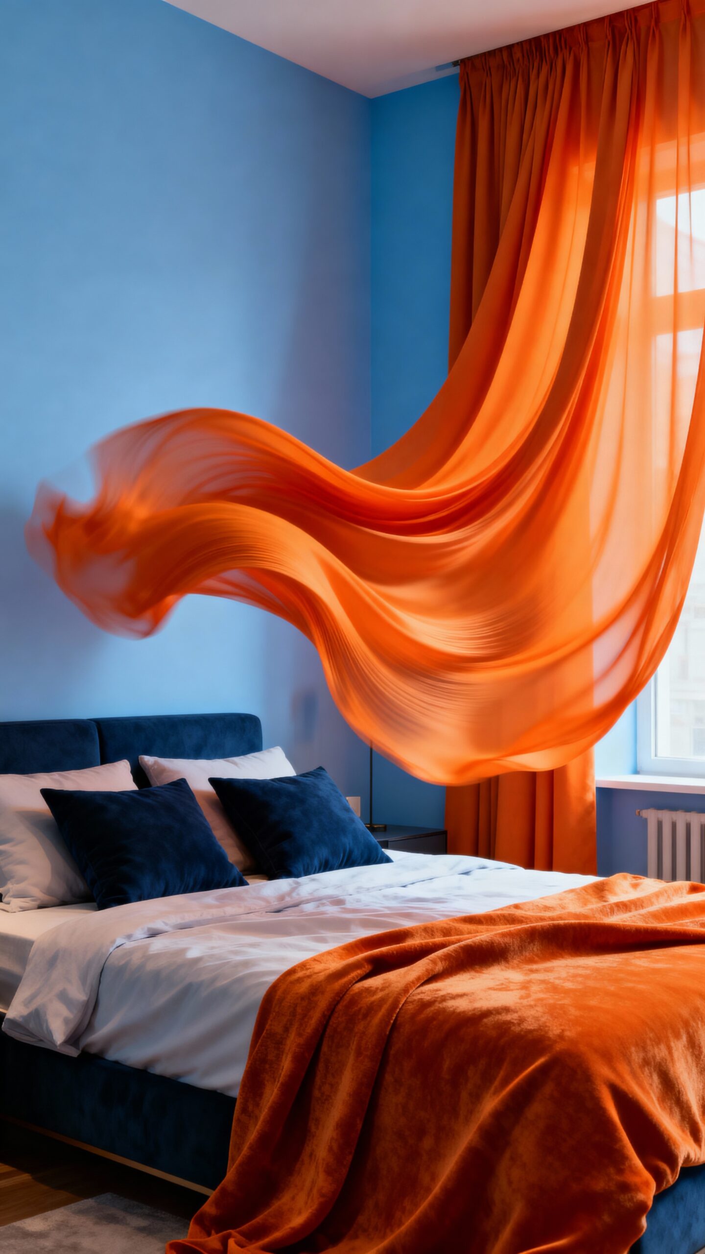 vibrant orange curtains complement powder blue