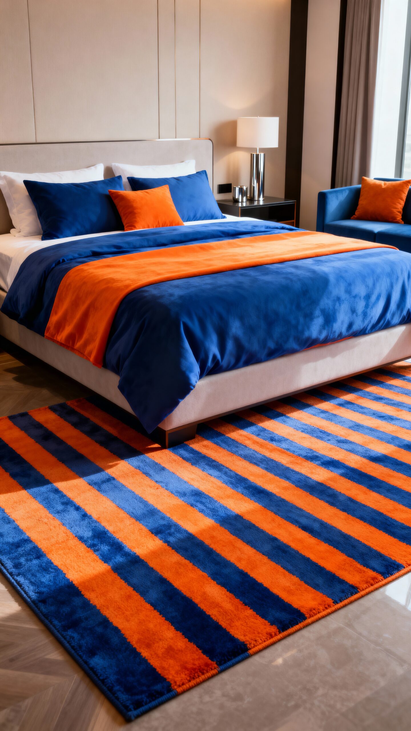 vibrant striped bedroom rugs harmonize space