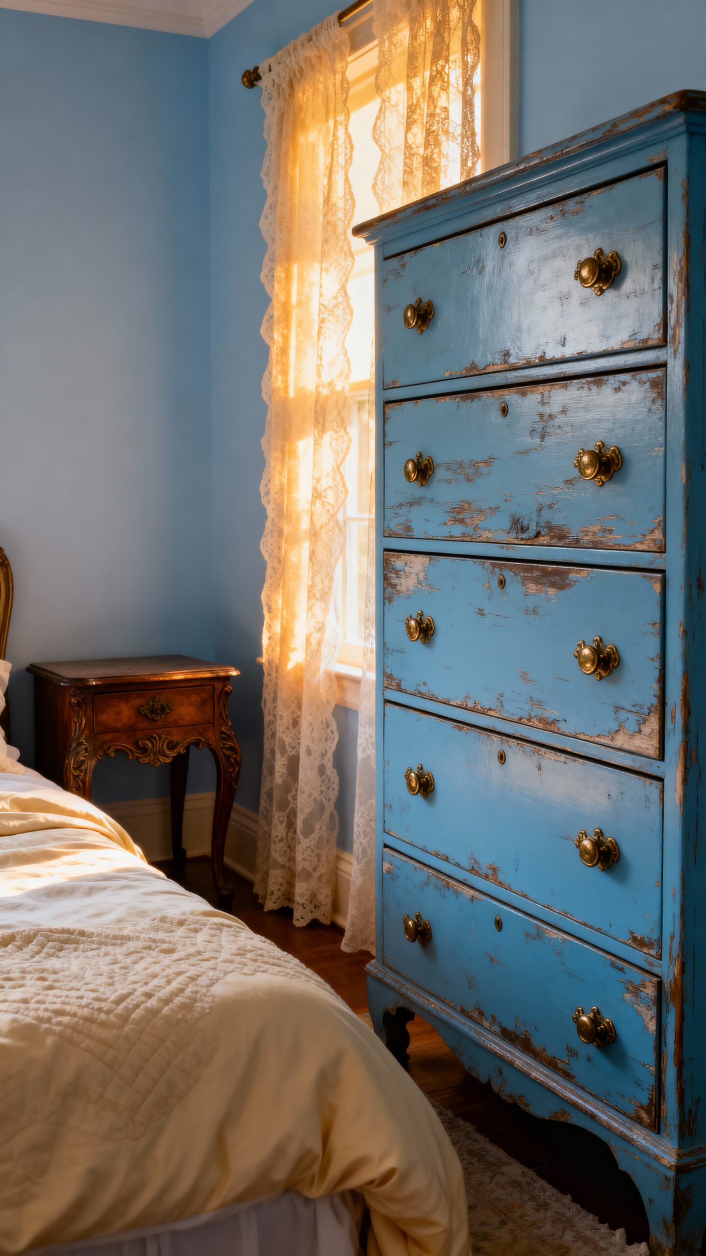 vintage blue furniture anchoring pastel bedroom