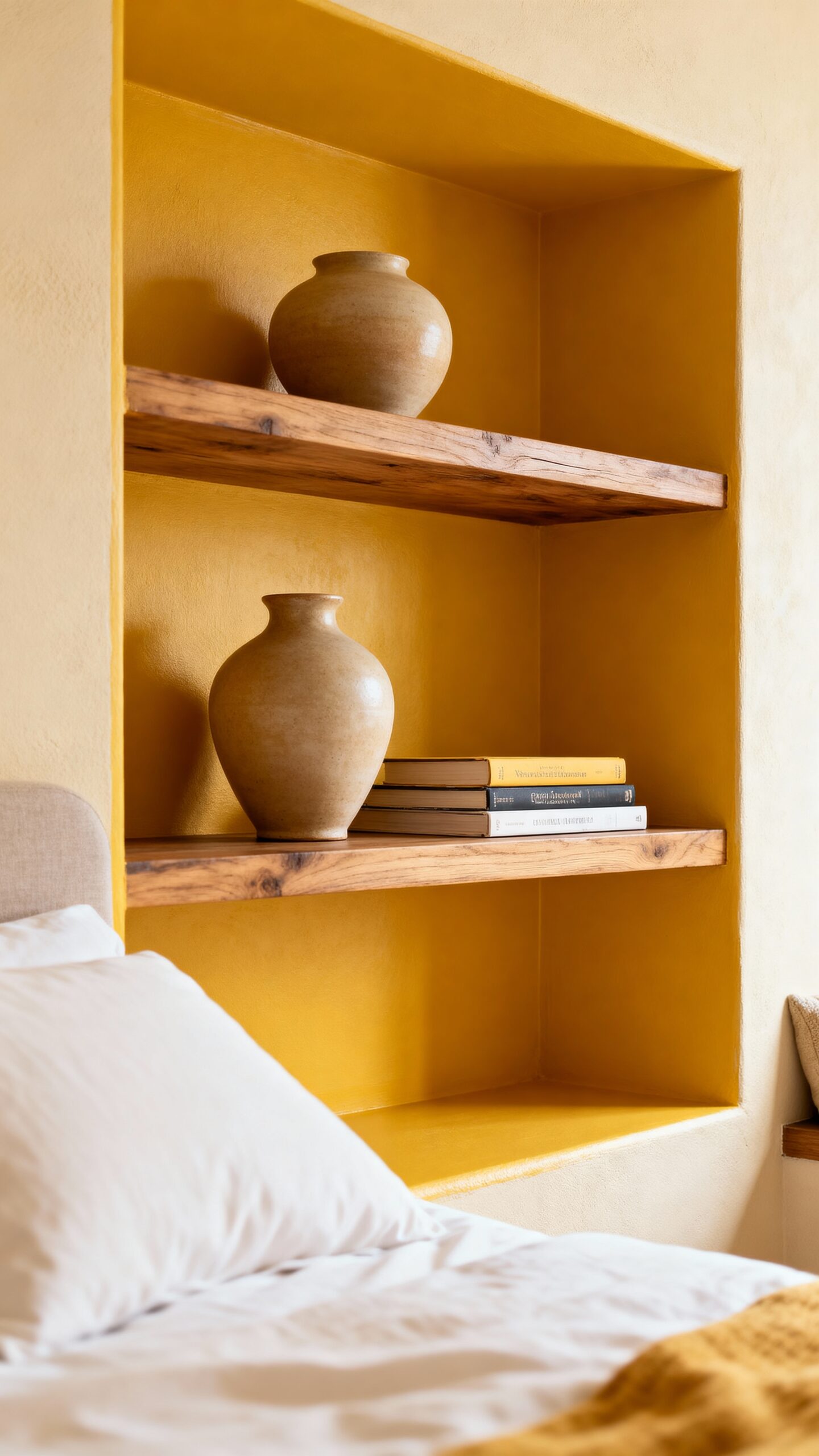 warm mustard hued built in shelving